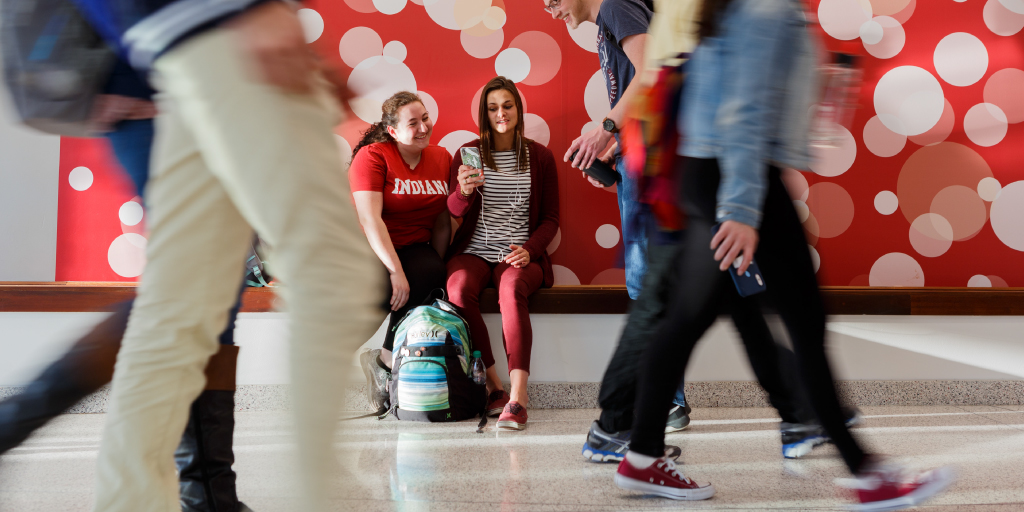 Students hanging out together in north hall.